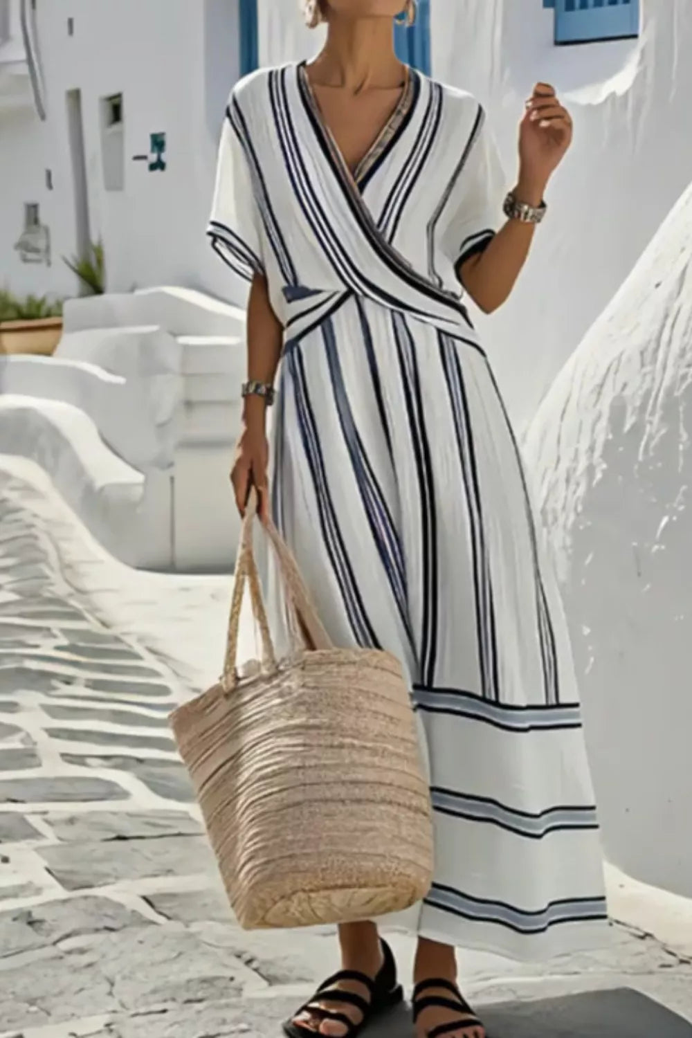 Striped Wrap Half Sleeve Maxi Dress-Free Shipping - aurelia-clothing-8955
