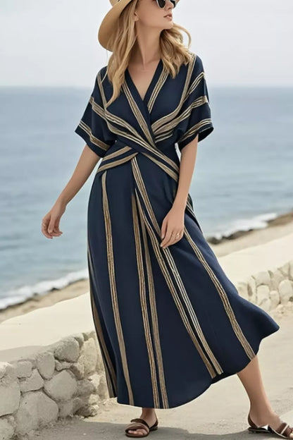 Striped Wrap Half Sleeve Maxi Dress-Free Shipping - aurelia-clothing-8955