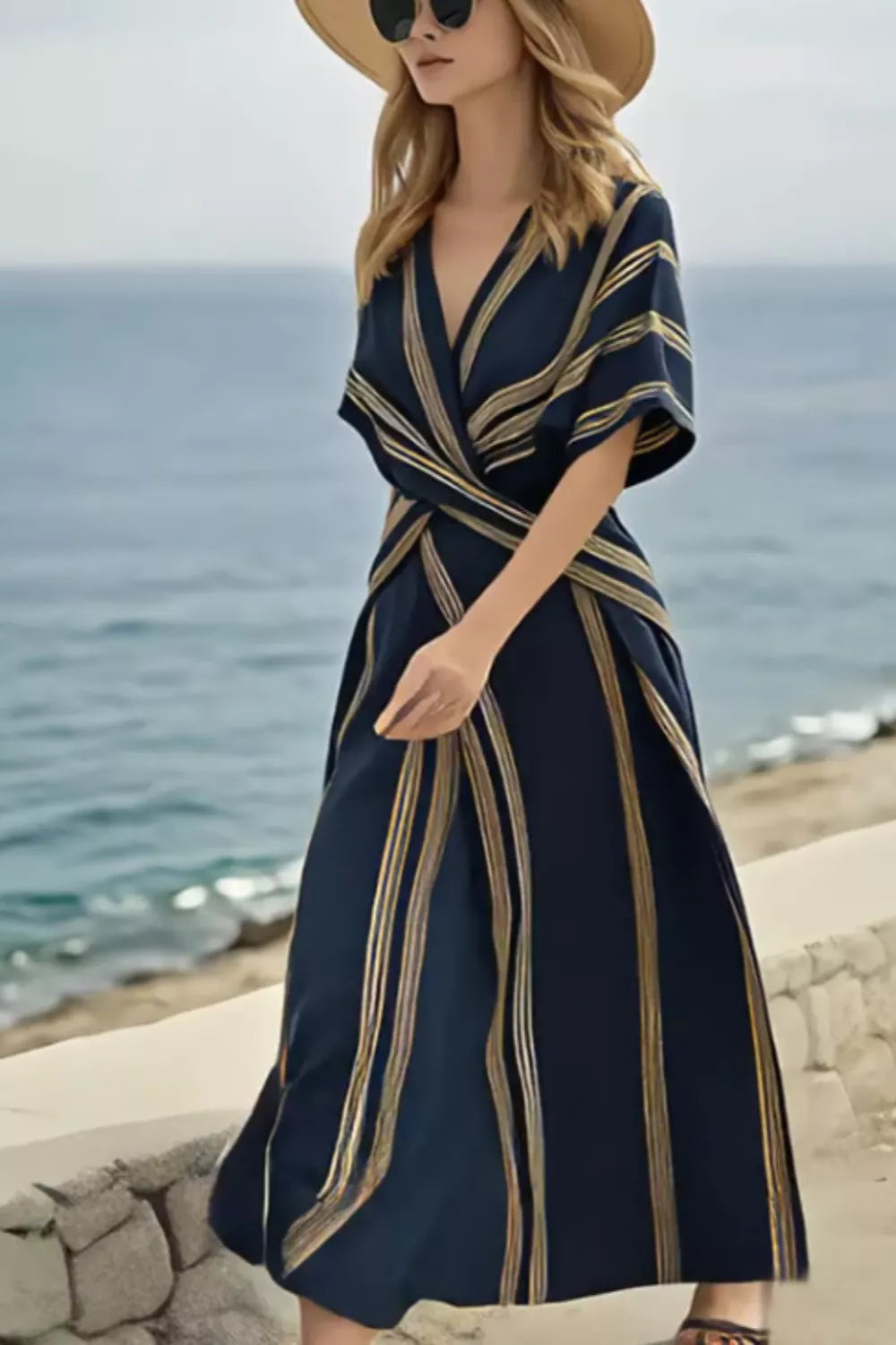Striped Wrap Half Sleeve Maxi Dress-Free Shipping - aurelia-clothing-8955