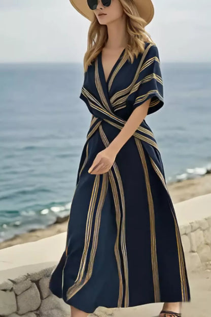 Striped Wrap Half Sleeve Maxi Dress-Free Shipping - aurelia-clothing-8955