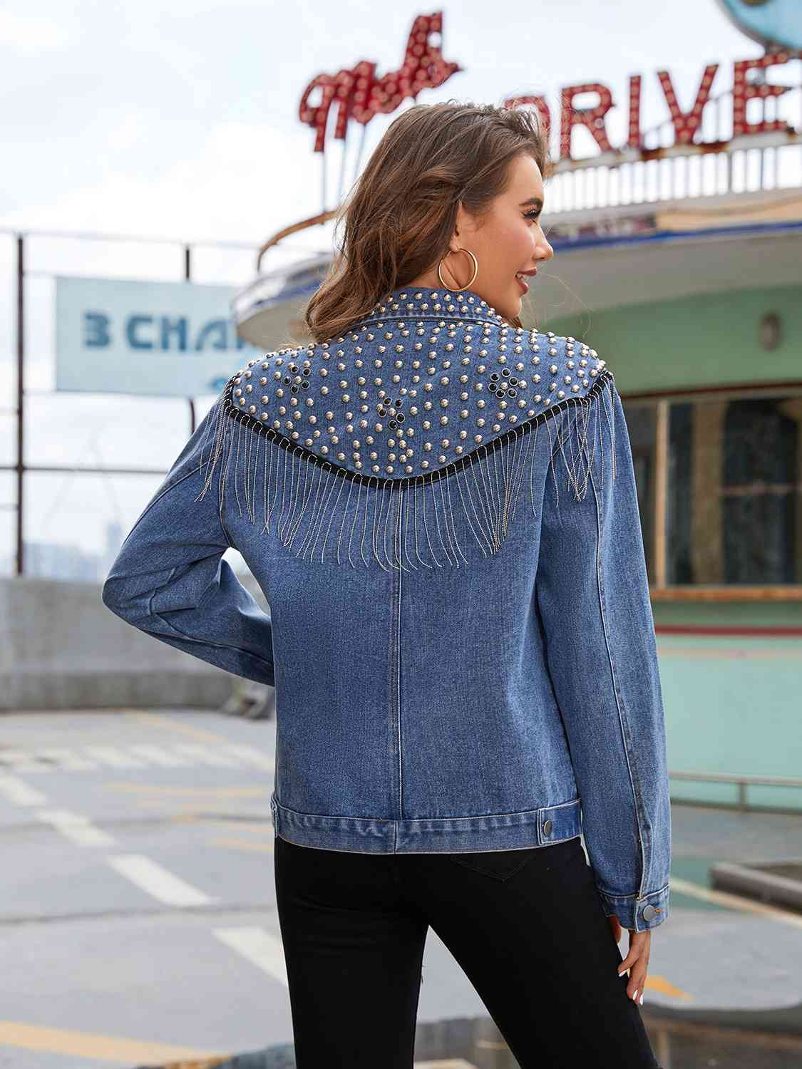 Studded Fringe Button Down Denim Jacket - aurelia-clothing-8955