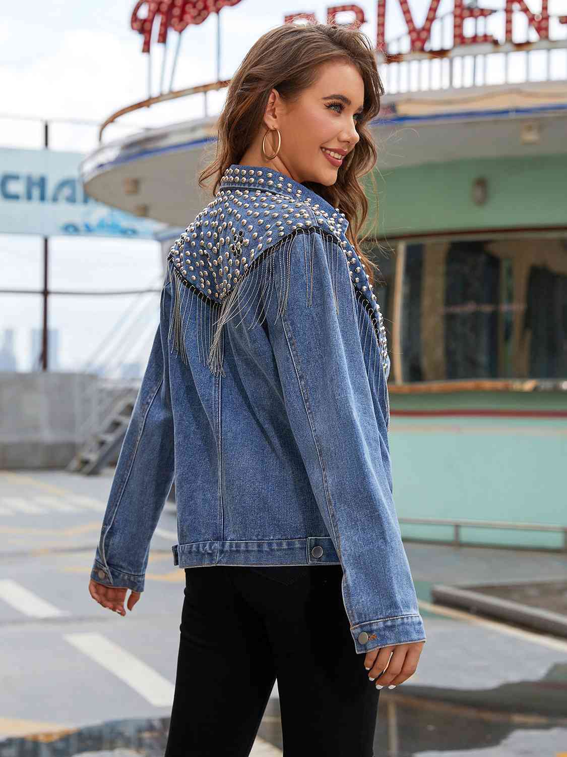 Studded Fringe Button Down Denim Jacket - aurelia-clothing-8955