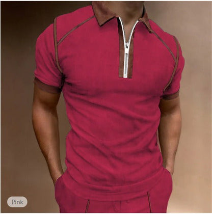 Summer New Men Polo Shirt Short Sleeve Color Matching Zipper T-Shirt Top - Free Shipping - aurelia-clothing-8955