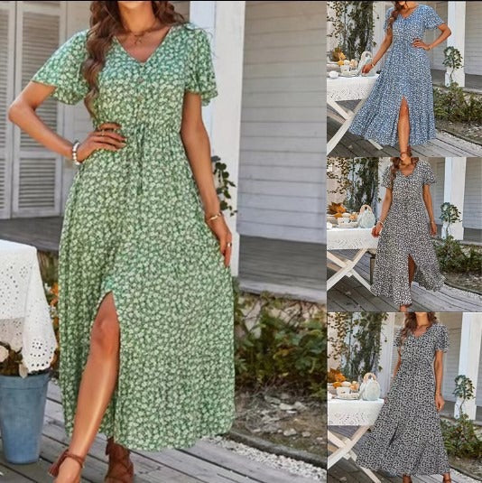 Summer drawstring slit holiday dress long dress - Free Shipping - aurelia-clothing-8955