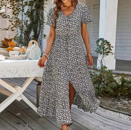 Summer drawstring slit holiday dress long dress - Free Shipping - aurelia-clothing-8955