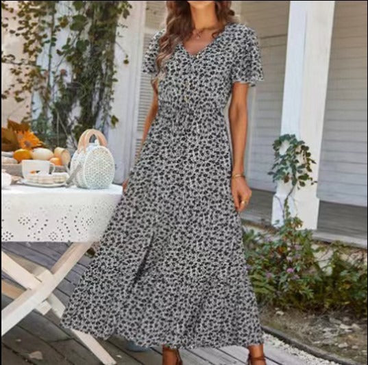 Summer drawstring slit holiday dress long dress - Free Shipping - aurelia-clothing-8955