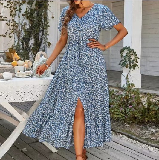Summer drawstring slit holiday dress long dress - Free Shipping - aurelia-clothing-8955