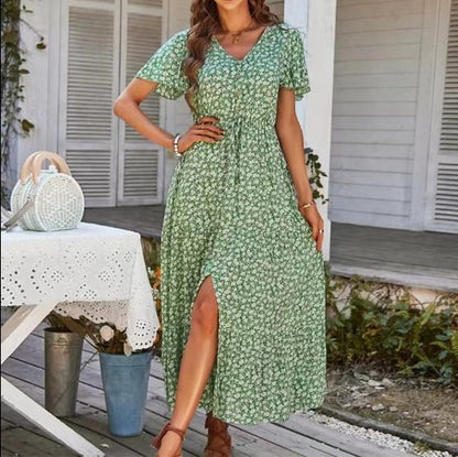 Summer drawstring slit holiday dress long dress - Free Shipping - aurelia-clothing-8955