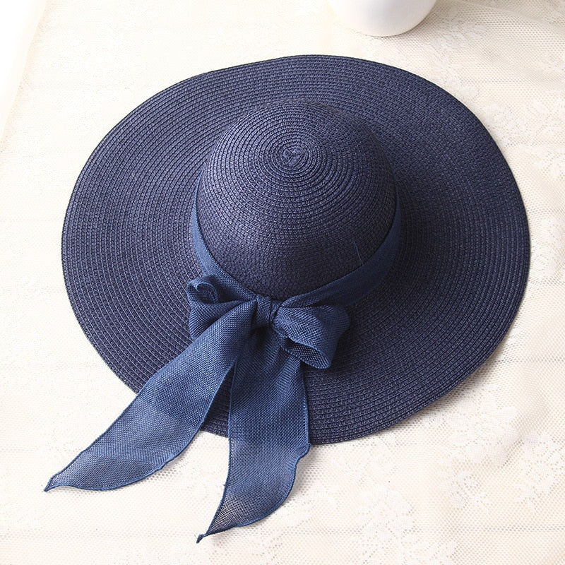 Sun Hats Hand Made Straw Hat Female Ribbon Bow-knot Wide Brim Beach Hat - Free Shipping - aurelia-clothing-8955