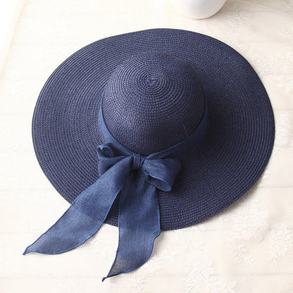 Sun Hats Hand Made Straw Hat Female Ribbon Bow-knot Wide Brim Beach Hat - Free Shipping - aurelia-clothing-8955