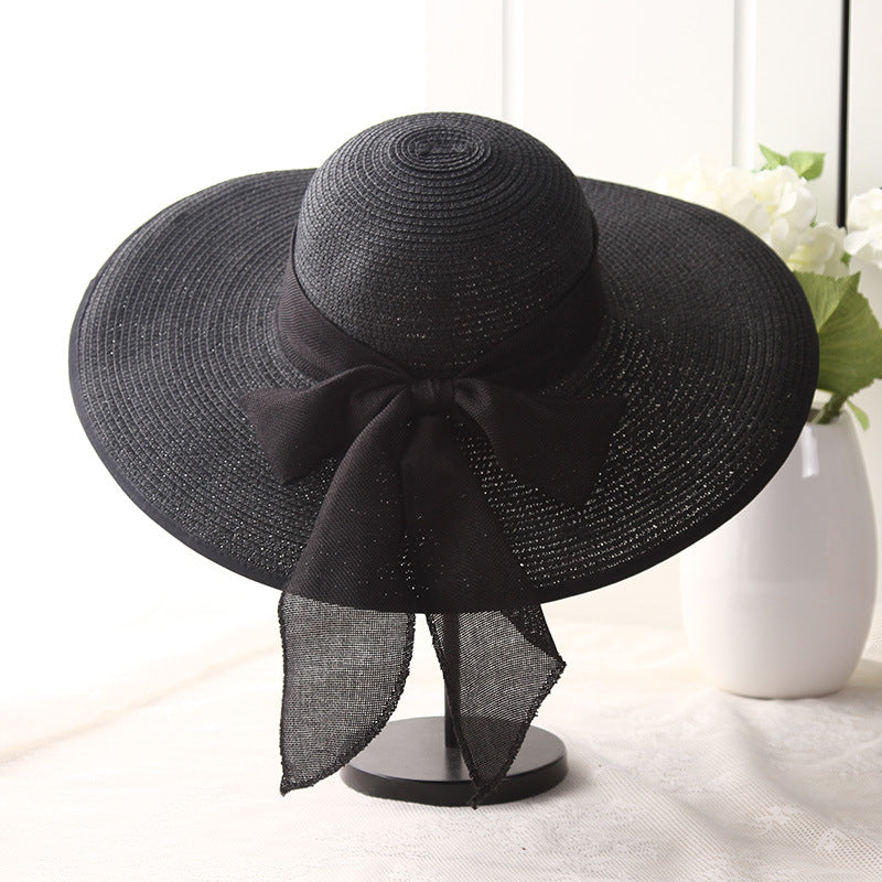 Sun Hats Hand Made Straw Hat Female Ribbon Bow-knot Wide Brim Beach Hat - Free Shipping - aurelia-clothing-8955