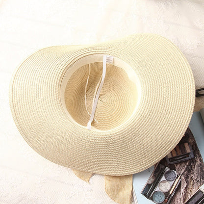 Sun Hats Hand Made Straw Hat Female Ribbon Bow-knot Wide Brim Beach Hat - Free Shipping - aurelia-clothing-8955