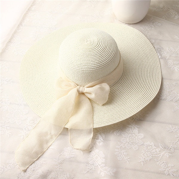 Sun Hats Hand Made Straw Hat Female Ribbon Bow-knot Wide Brim Beach Hat - Free Shipping - aurelia-clothing-8955