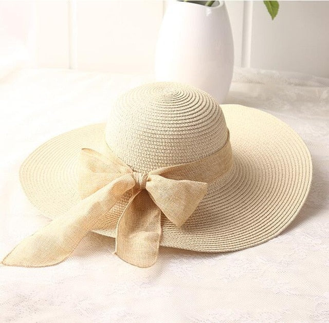 Sun Hats Hand Made Straw Hat Female Ribbon Bow-knot Wide Brim Beach Hat - Free Shipping - aurelia-clothing-8955
