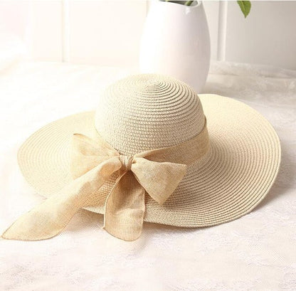 Sun Hats Hand Made Straw Hat Female Ribbon Bow-knot Wide Brim Beach Hat - Free Shipping - aurelia-clothing-8955
