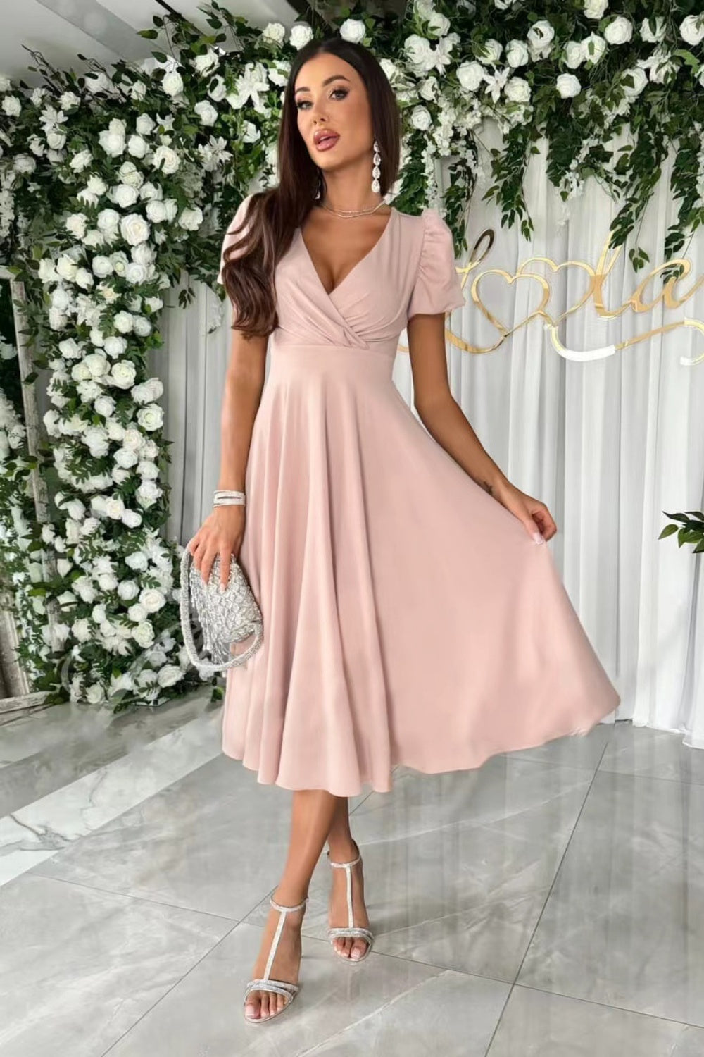 Surplice Puff Sleeve Midi Dress - aurelia-clothing-8955
