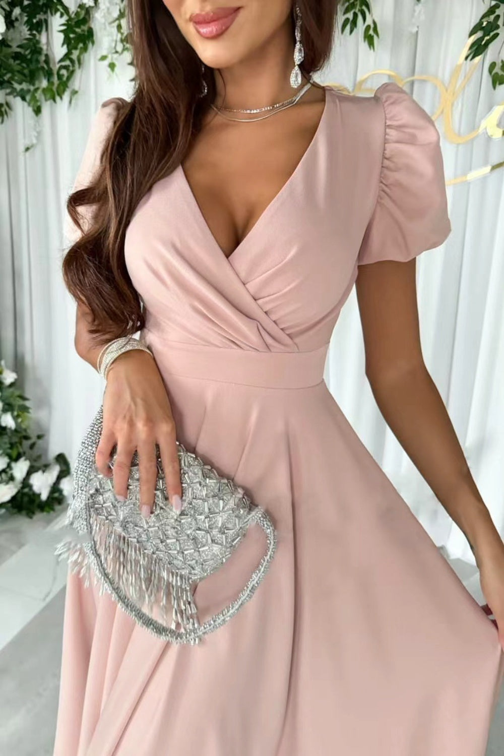 Surplice Puff Sleeve Midi Dress - aurelia-clothing-8955