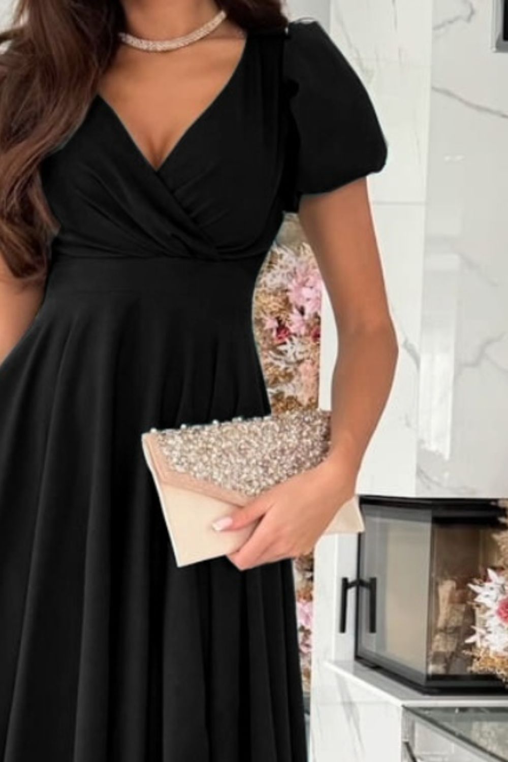 Surplice Puff Sleeve Midi Dress - aurelia-clothing-8955