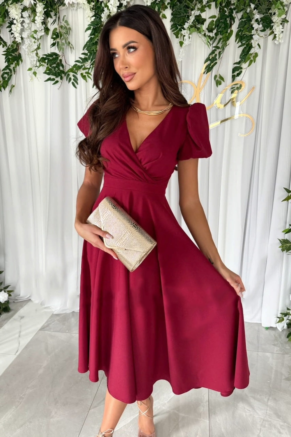 Surplice Puff Sleeve Midi Dress - aurelia-clothing-8955