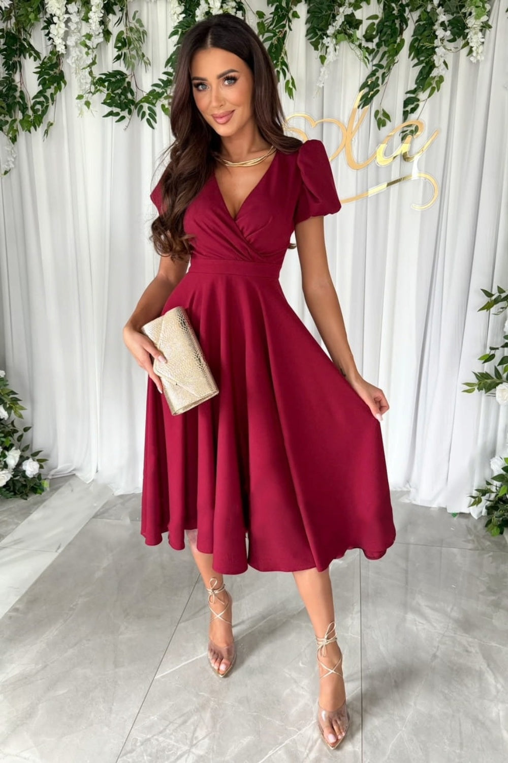 Surplice Puff Sleeve Midi Dress - aurelia-clothing-8955