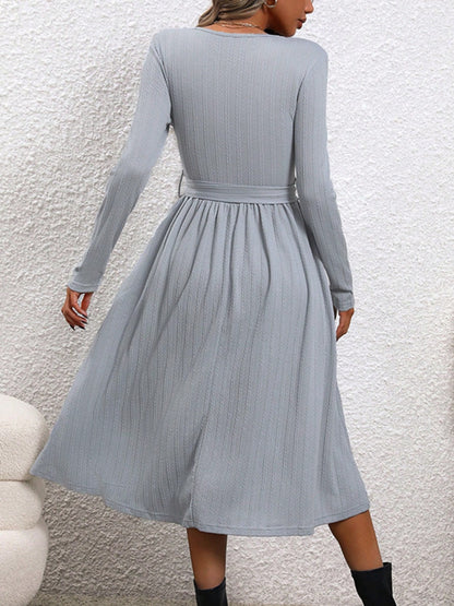 Surplice Tie Waist Long Sleeve Midi Dress - Free Shipping - aurelia-clothing-8955