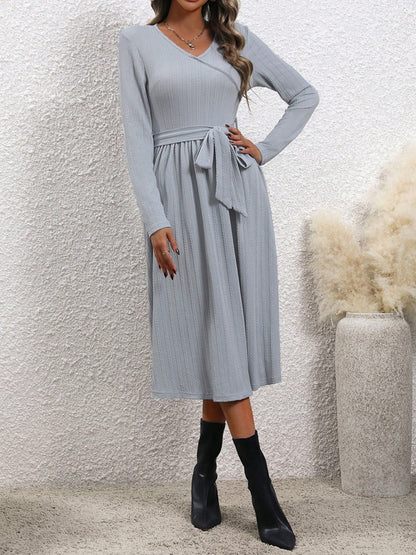 Surplice Tie Waist Long Sleeve Midi Dress - Free Shipping - aurelia-clothing-8955