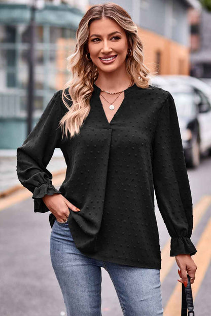 Swiss Dot Notched Neck Flounce Sleeve Blouse - aurelia-clothing-8955