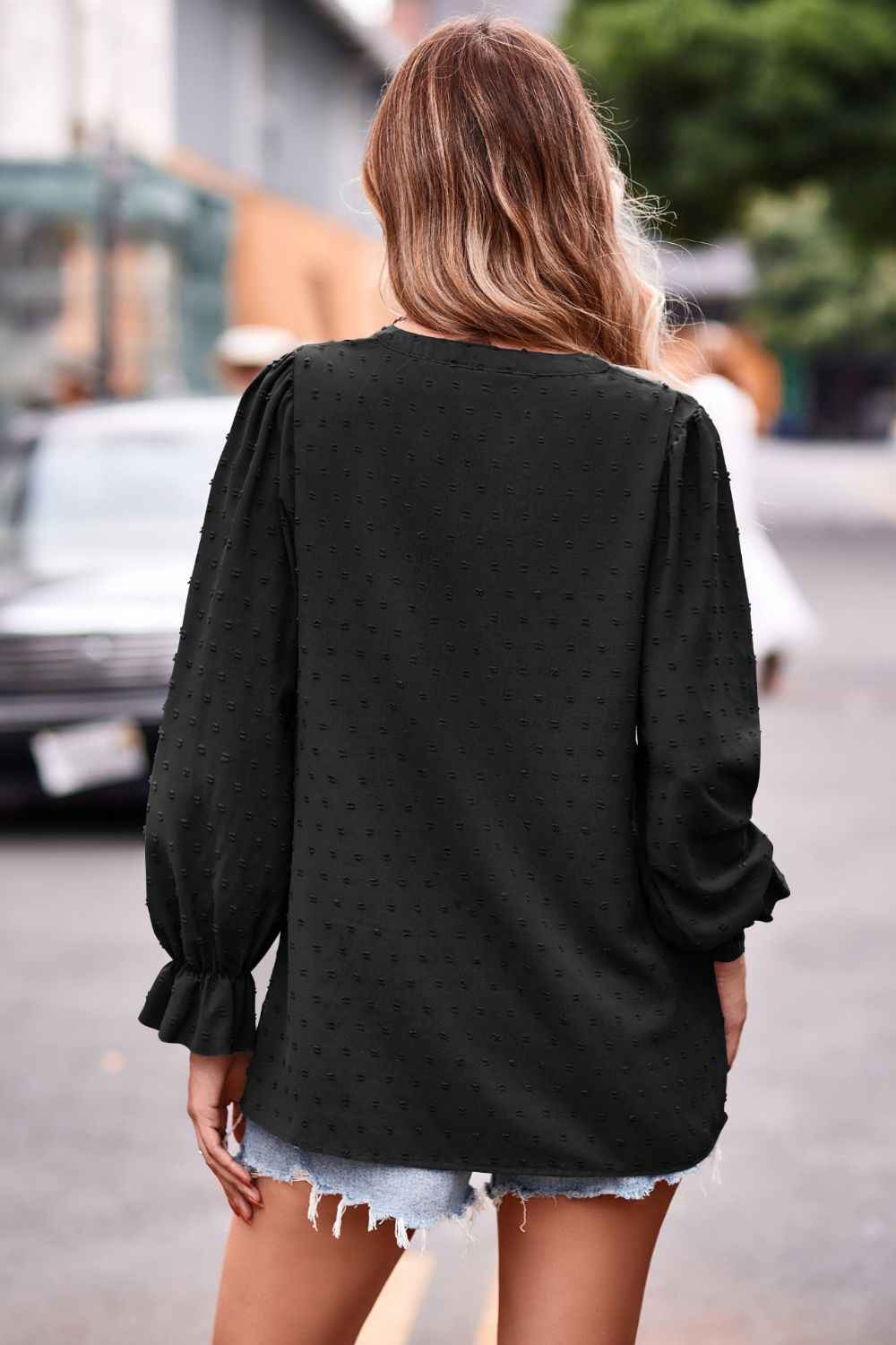 Swiss Dot Notched Neck Flounce Sleeve Blouse - aurelia-clothing-8955
