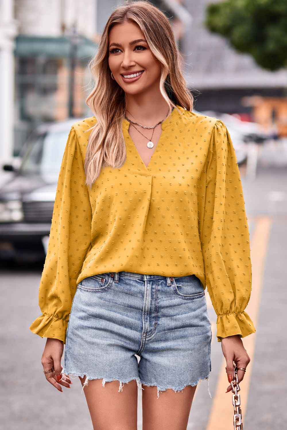 Swiss Dot Notched Neck Flounce Sleeve Blouse - aurelia-clothing-8955
