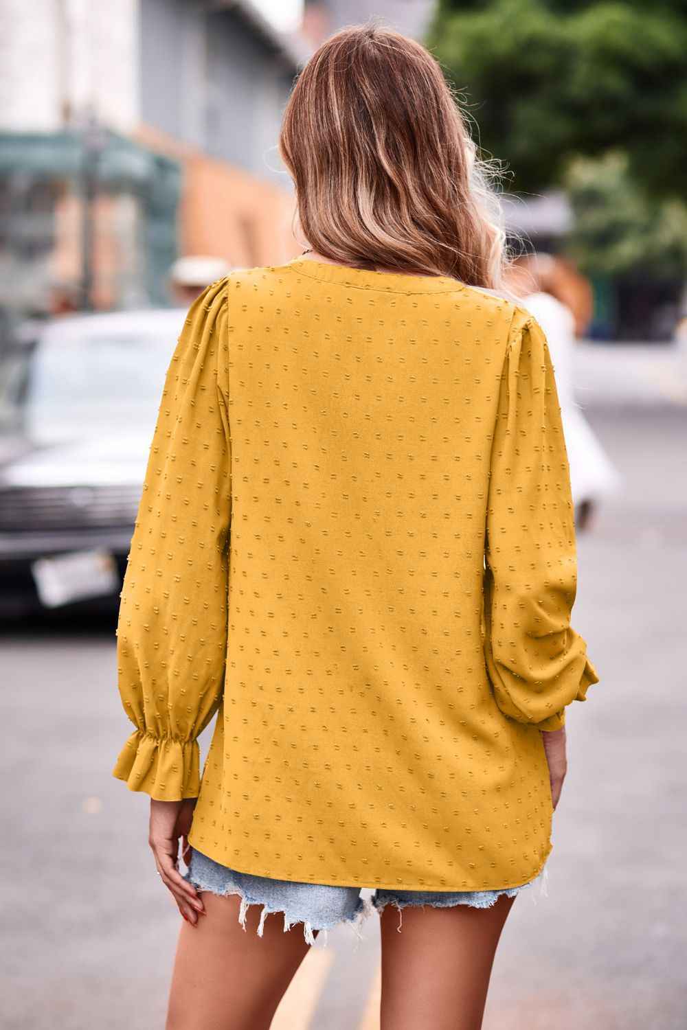 Swiss Dot Notched Neck Flounce Sleeve Blouse - aurelia-clothing-8955