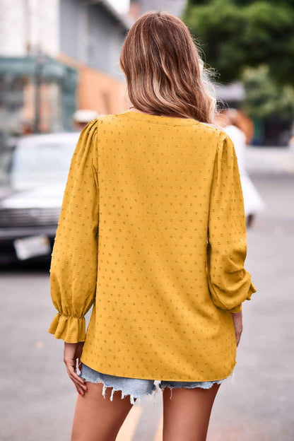 Swiss Dot Notched Neck Flounce Sleeve Blouse - aurelia-clothing-8955