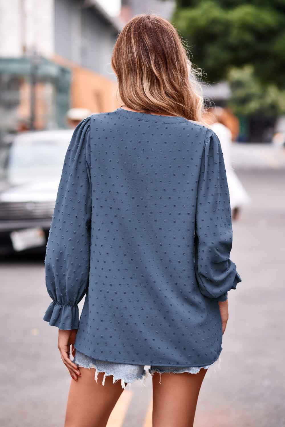 Swiss Dot Notched Neck Flounce Sleeve Blouse - aurelia-clothing-8955