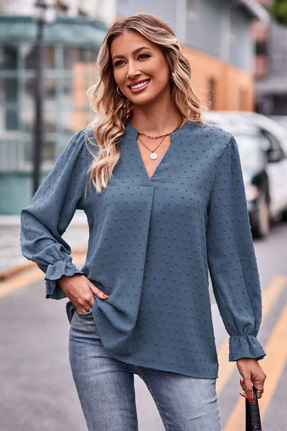 Swiss Dot Notched Neck Flounce Sleeve Blouse - aurelia-clothing-8955