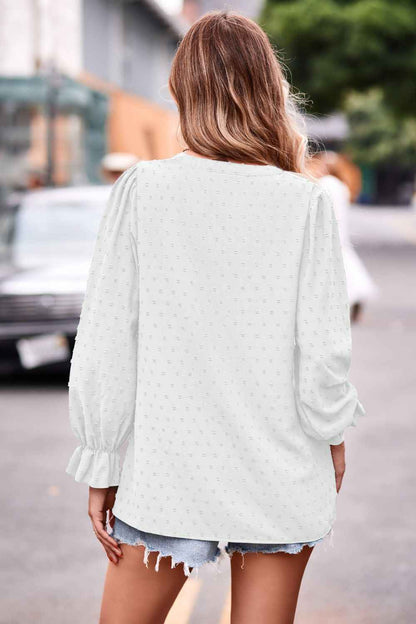 Swiss Dot Notched Neck Flounce Sleeve Blouse - aurelia-clothing-8955