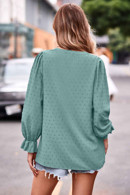 Swiss Dot Notched Neck Flounce Sleeve Blouse - aurelia-clothing-8955