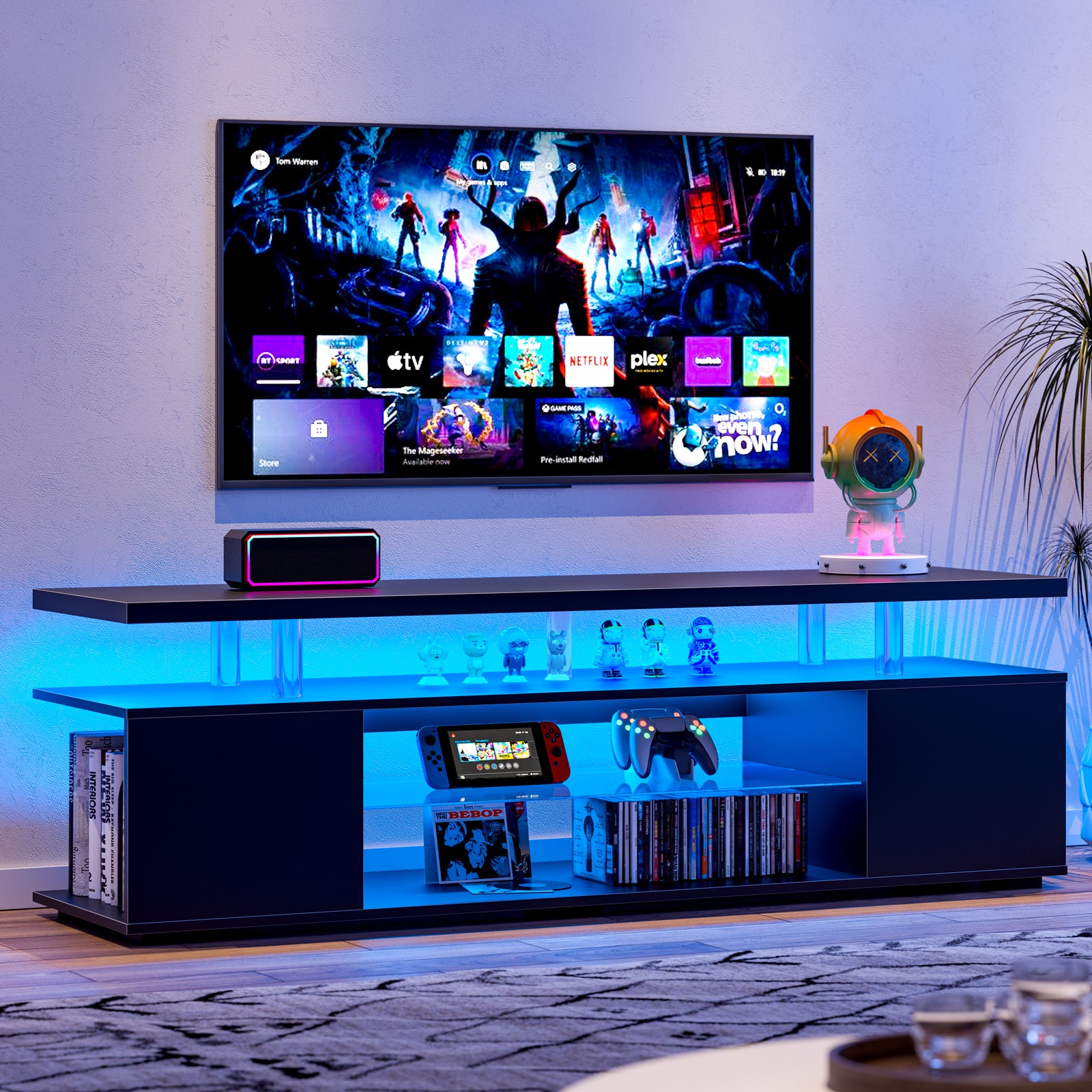 TV Stand for 70 Inch TV LED Gaming Entertainment Center Media Storage Console Table with Large Side Cabinet for Living Room Black - Free Shipping - aurelia-clothing-8955