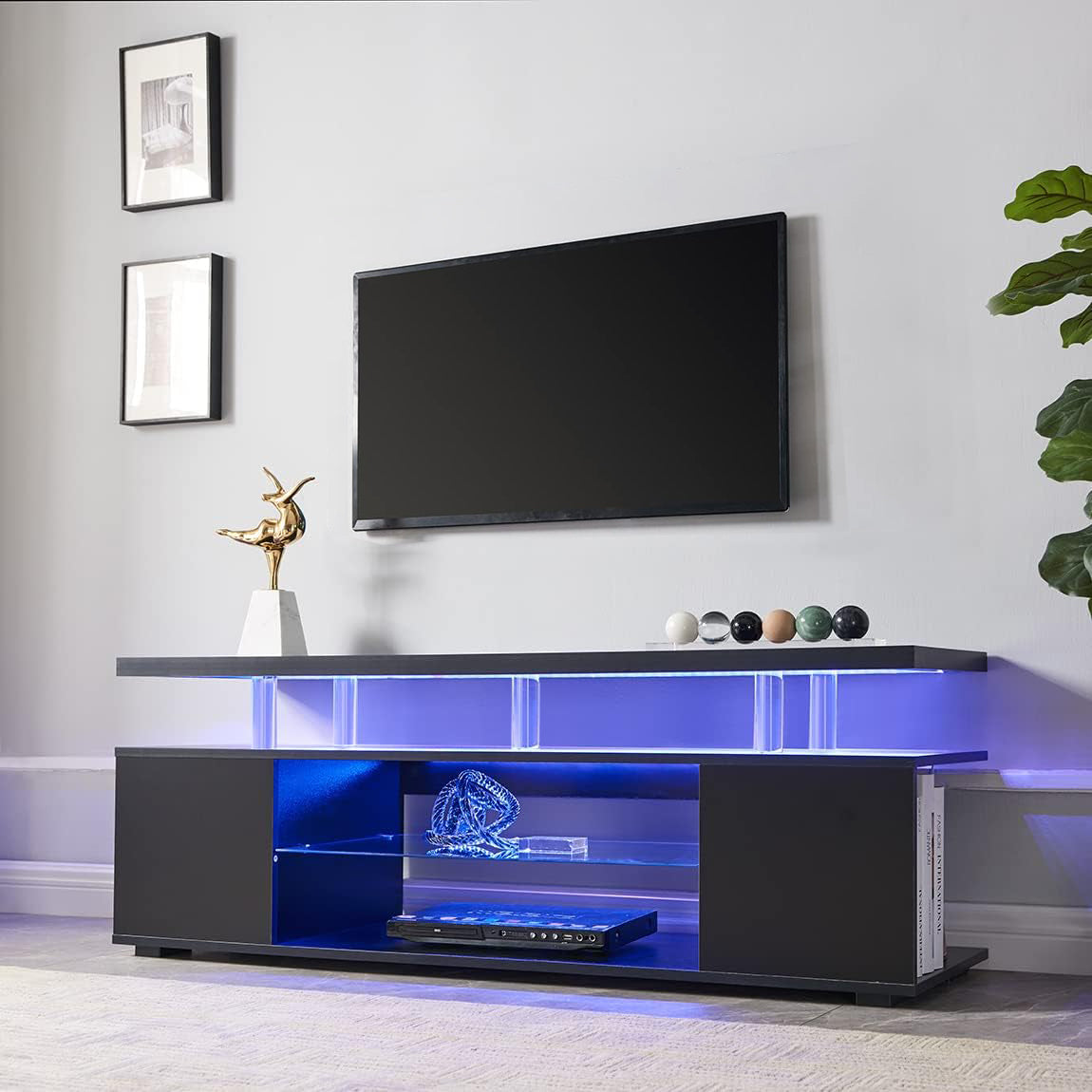 TV Stand for 70 Inch TV LED Gaming Entertainment Center Media Storage Console Table with Large Side Cabinet for Living Room Black - Free Shipping - aurelia-clothing-8955