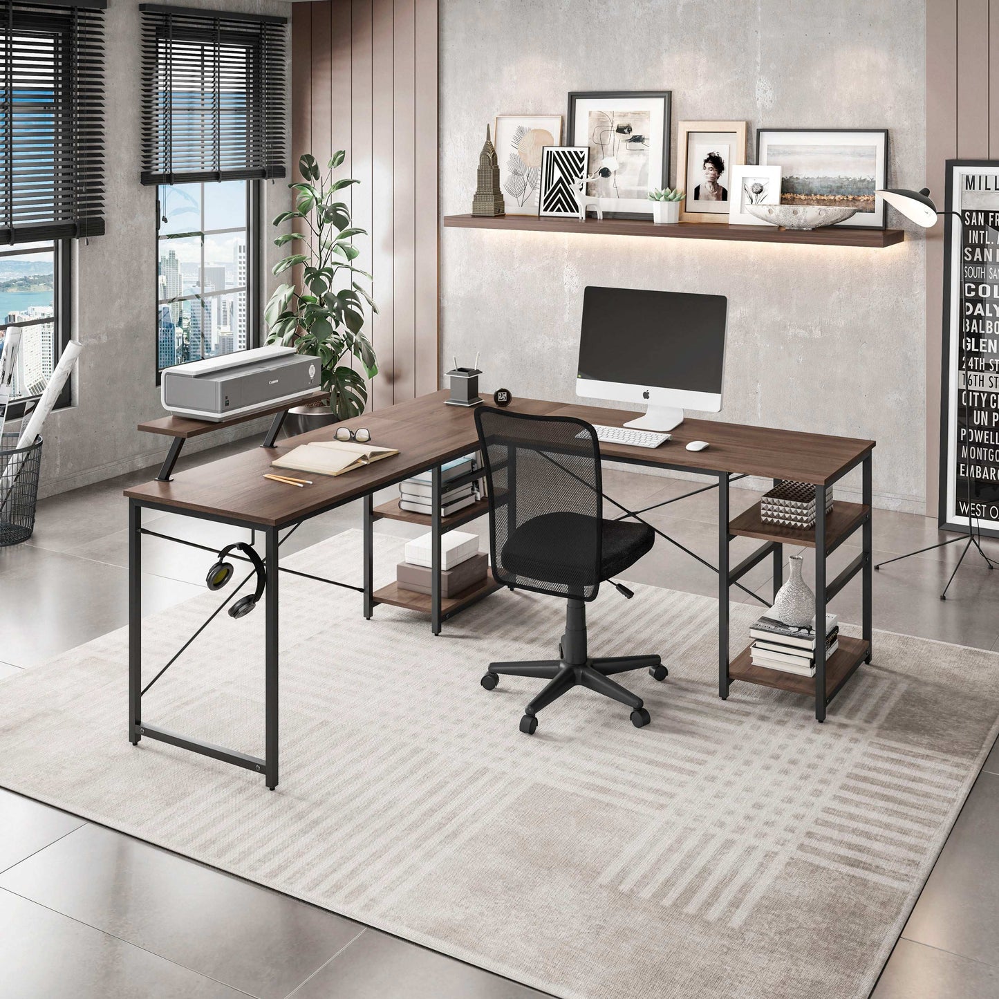 Techni Mobili L-Shape Industrial Desk with storage shelves, Walnut - Free Shipping - aurelia-clothing-8955