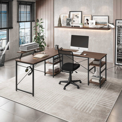 Techni Mobili L-Shape Industrial Desk with storage shelves, Walnut - Free Shipping - aurelia-clothing-8955