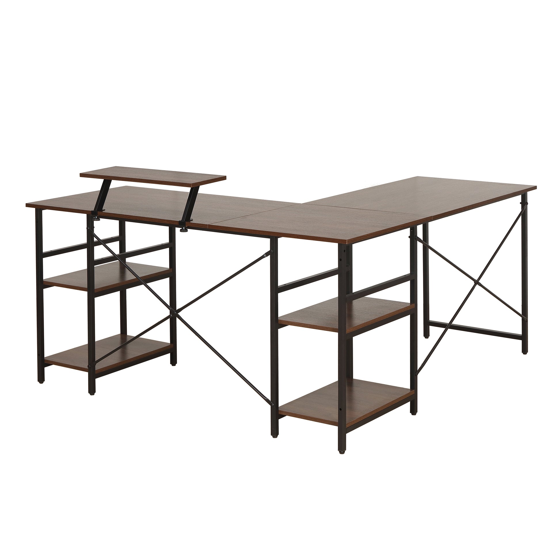 Techni Mobili L-Shape Industrial Desk with storage shelves, Walnut - Free Shipping - aurelia-clothing-8955