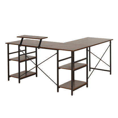 Techni Mobili L-Shape Industrial Desk with storage shelves, Walnut - Free Shipping - aurelia-clothing-8955