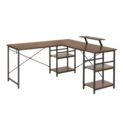 Techni Mobili L-Shape Industrial Desk with storage shelves, Walnut - Free Shipping - aurelia-clothing-8955