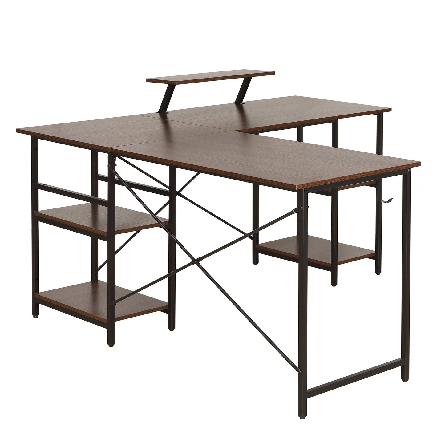 Techni Mobili L-Shape Industrial Desk with storage shelves, Walnut - Free Shipping - aurelia-clothing-8955