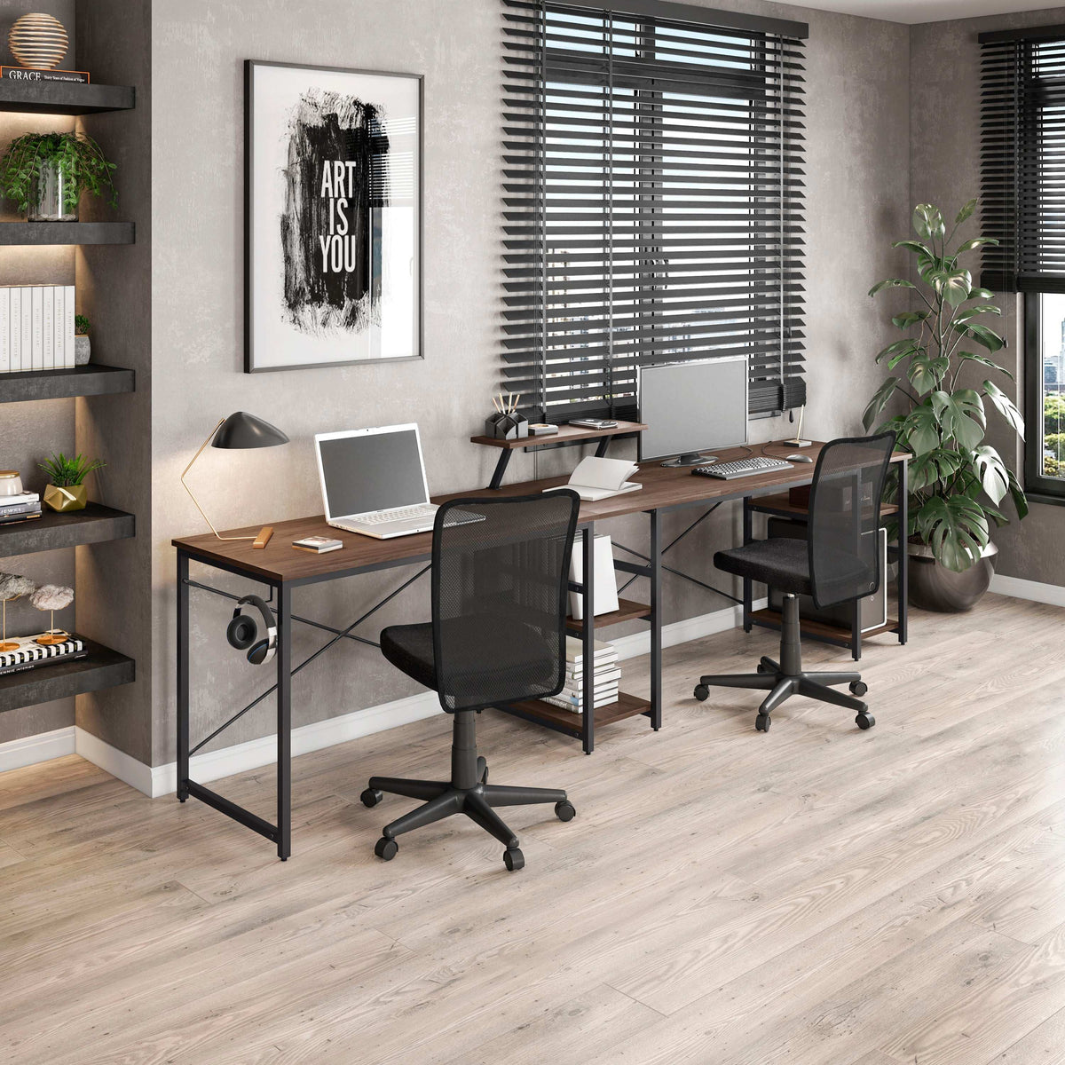 Techni Mobili L-Shape Industrial Desk with storage shelves, Walnut - Free Shipping - aurelia-clothing-8955