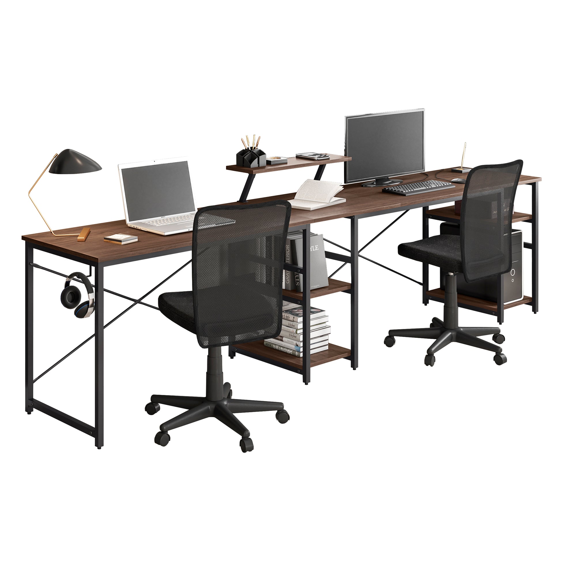 Techni Mobili L-Shape Industrial Desk with storage shelves, Walnut - Free Shipping - aurelia-clothing-8955
