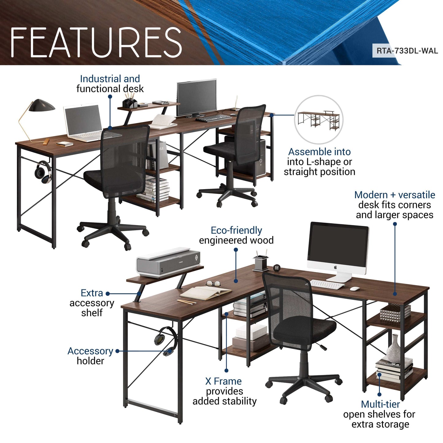 Techni Mobili L-Shape Industrial Desk with storage shelves, Walnut - Free Shipping - aurelia-clothing-8955