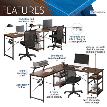 Techni Mobili L-Shape Industrial Desk with storage shelves, Walnut - Free Shipping - aurelia-clothing-8955