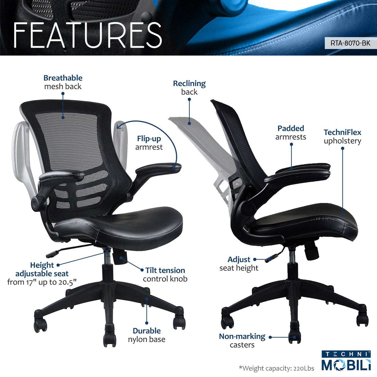 Techni Mobili Stylish Mid-Back Mesh Office Chair with Adjustable Arms, Black - Free Shipping - aurelia-clothing-8955