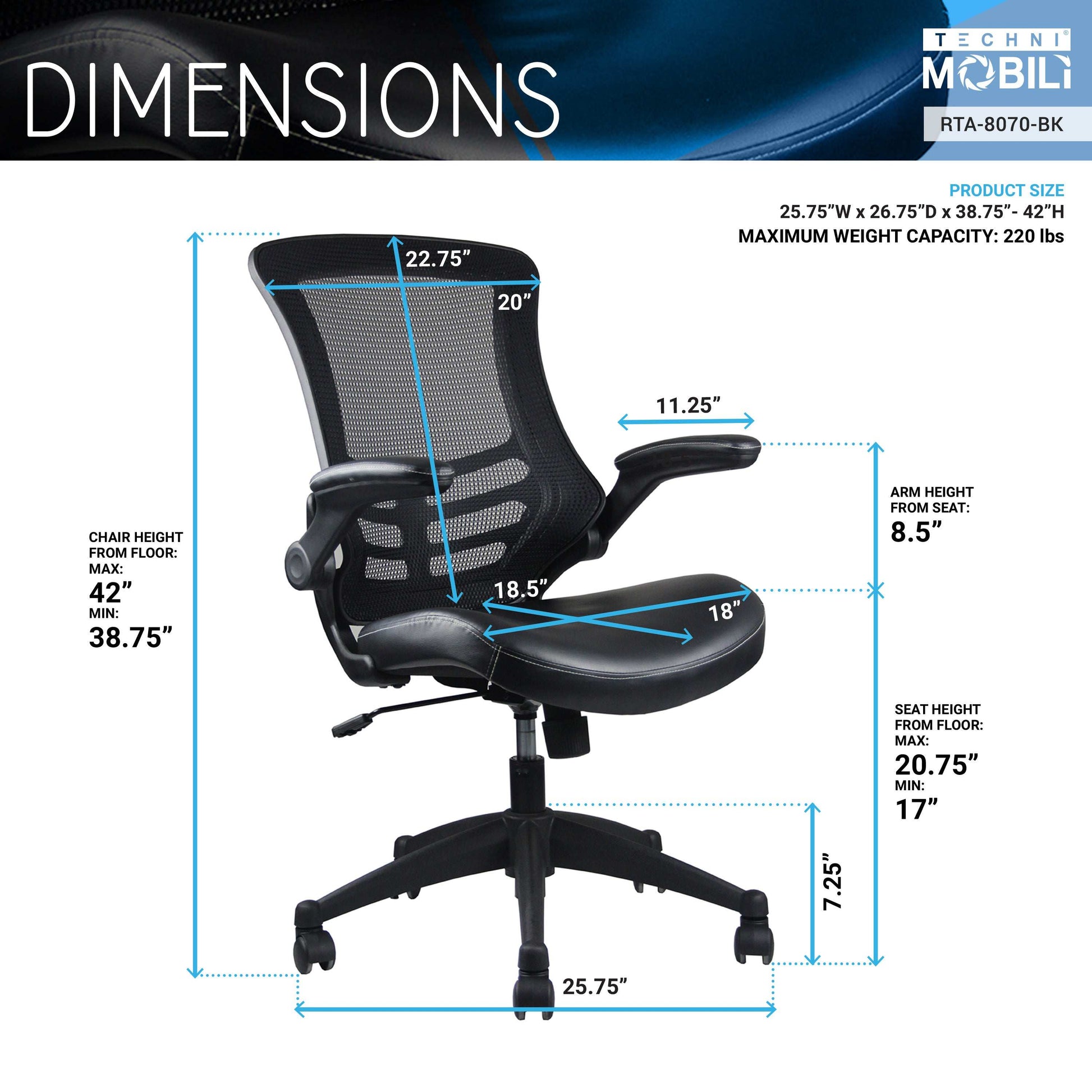 Techni Mobili Stylish Mid-Back Mesh Office Chair with Adjustable Arms, Black - Free Shipping - aurelia-clothing-8955