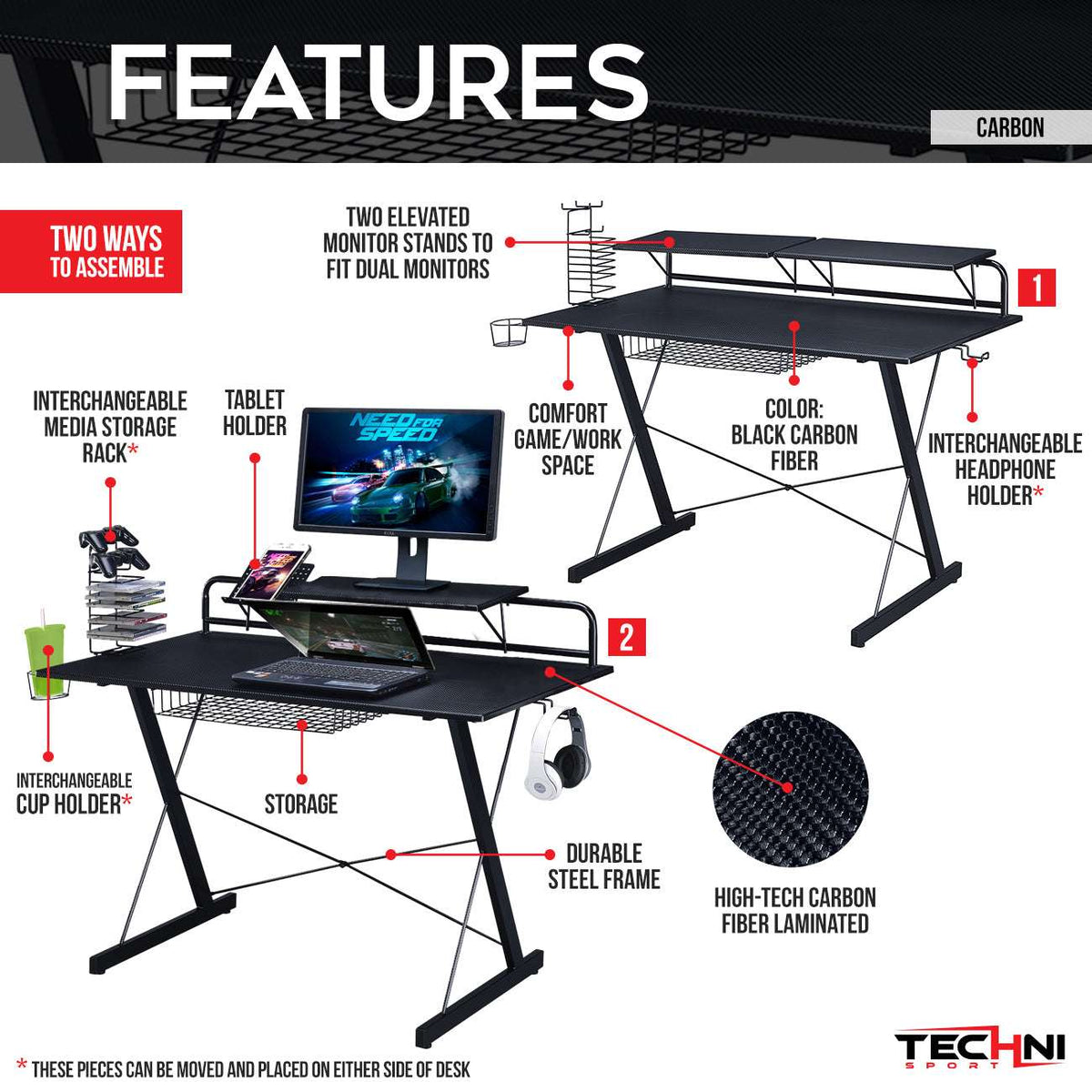 Techni Sport TS-200 Carbon Computer Gaming Desk with Shelving, Black - Free Shipping - aurelia-clothing-8955